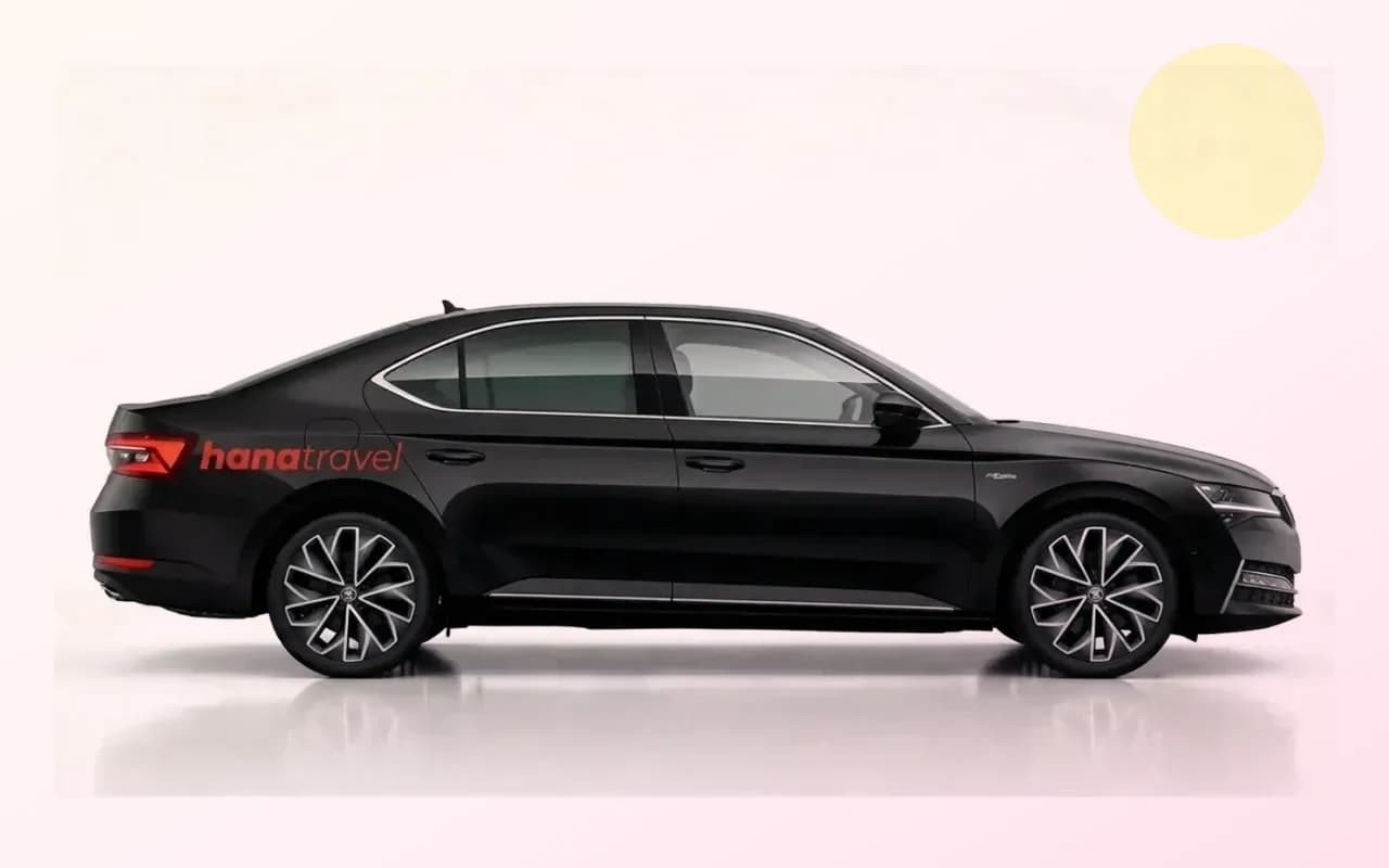 Une Skoda Superb ou Ford Focus noire vue de côté sur fond blanc.