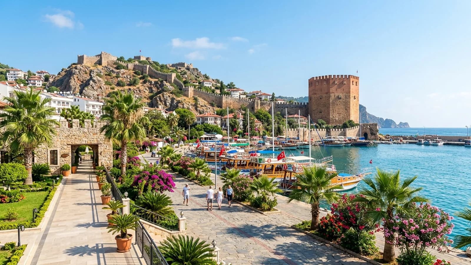 Port et château historique d'Alanya. Le port d'Alanya avec la tour octogonale rouge, les remparts du château et des bateaux colorés.