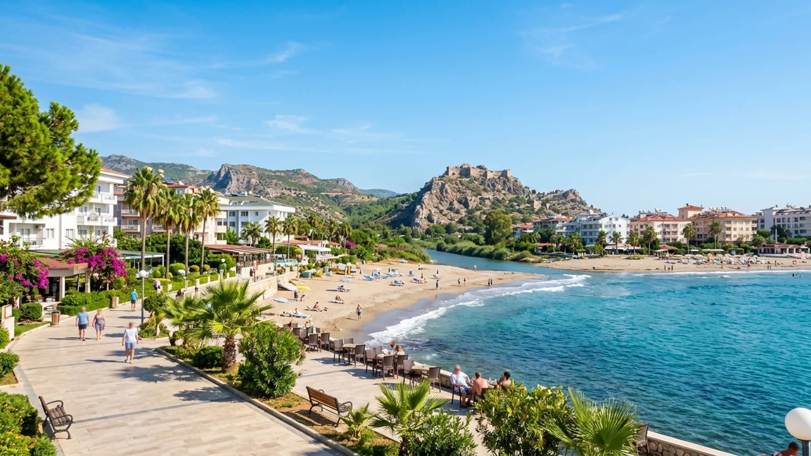 Alara-monding en vallei nabij Antalya De Alara-stroom mondt uit in de zee bij een zandstrand, met een groene vallei en verre kasteelruïne.