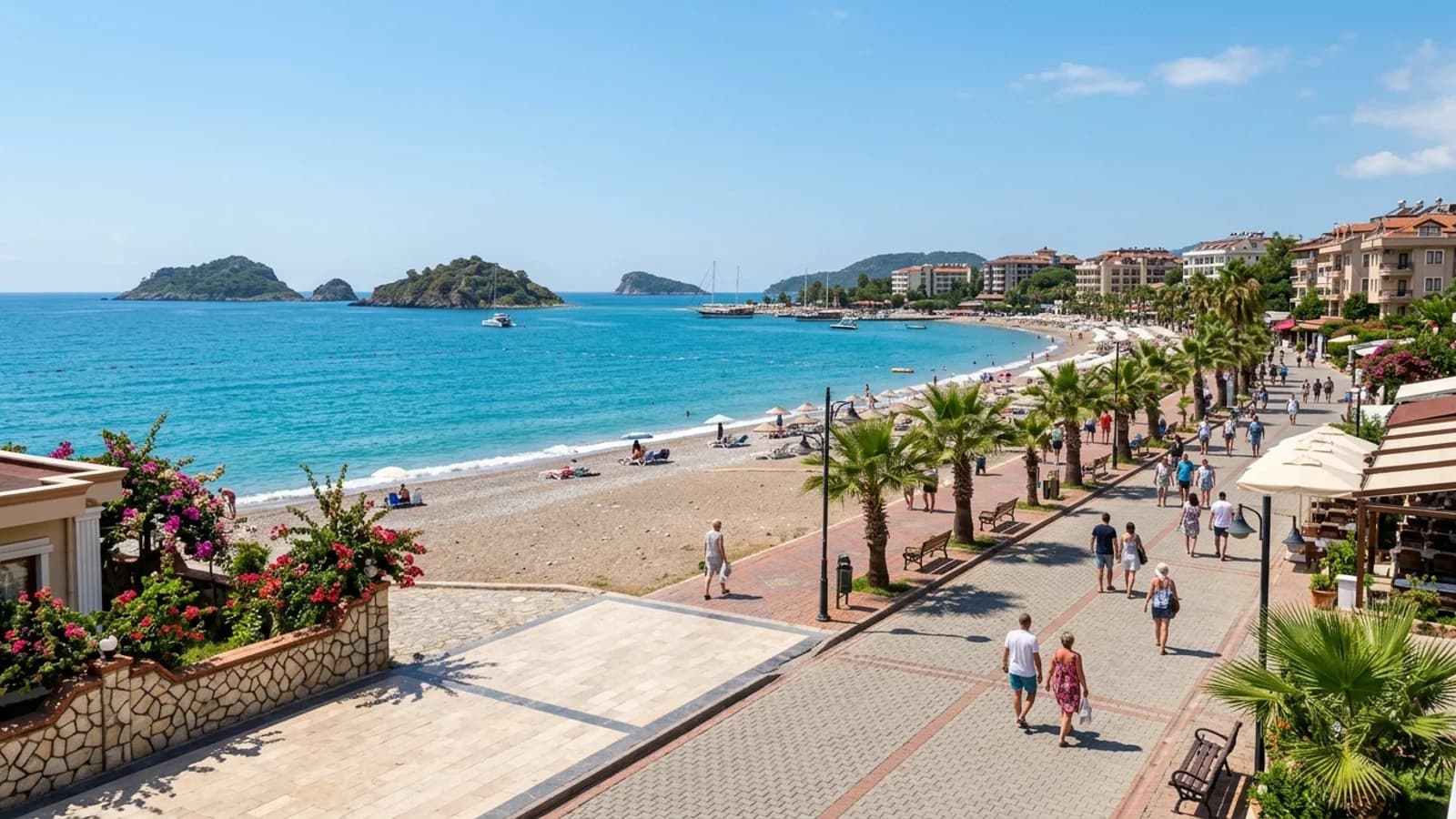 Plage de Çalış près de Fethiye La longue plage de Çalış près de Fethiye offre une promenade bordée de palmiers et d'îles.