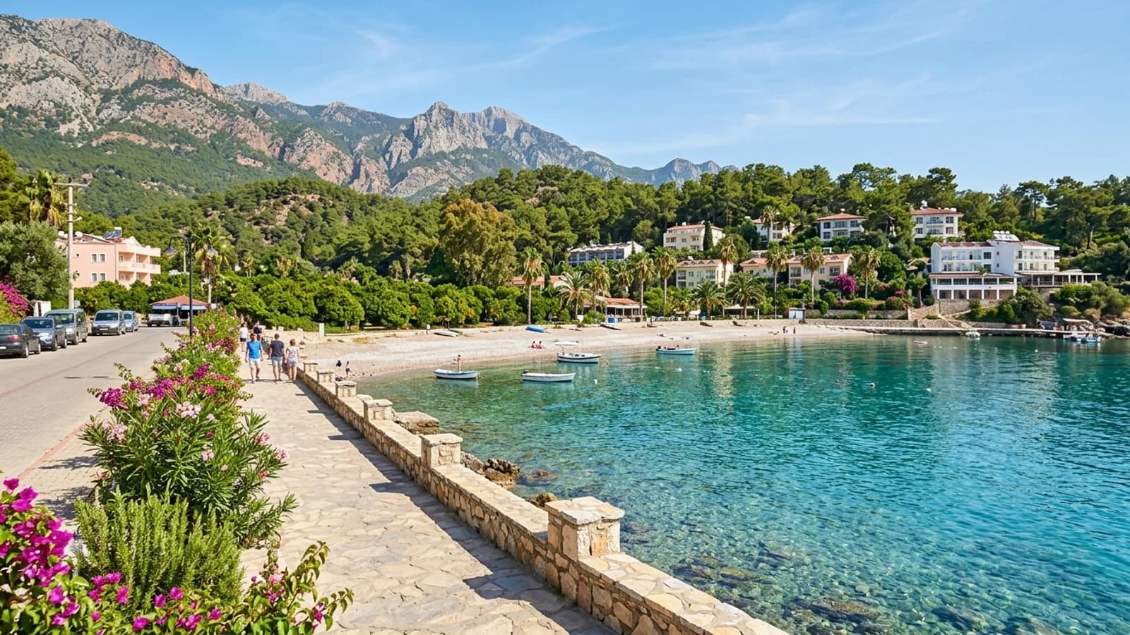 Die malerische Kieselbucht von Çamyuva Ruhiges, klares Wasser an einer Kieselbucht in Çamyuva, umgeben von Orangenhainen und Pinienwäldern vor Bergen.