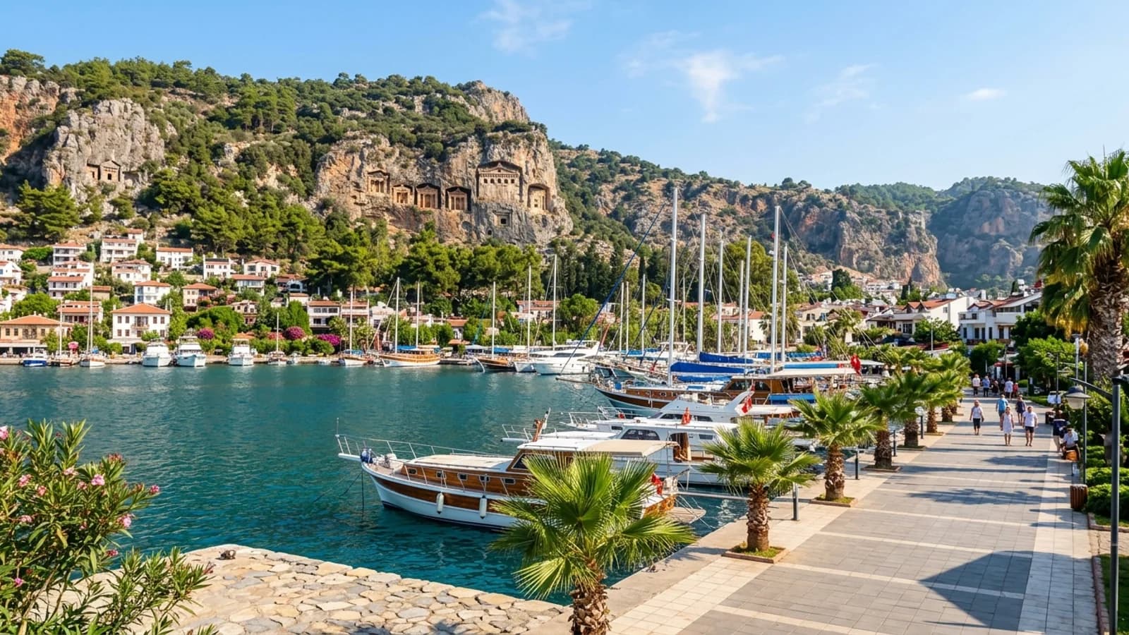 Fethiye harbour and ancient rock tombs Yachts and wooden gulets moor at Fethiye harbour below ancient rock tombs carved into the cliff.