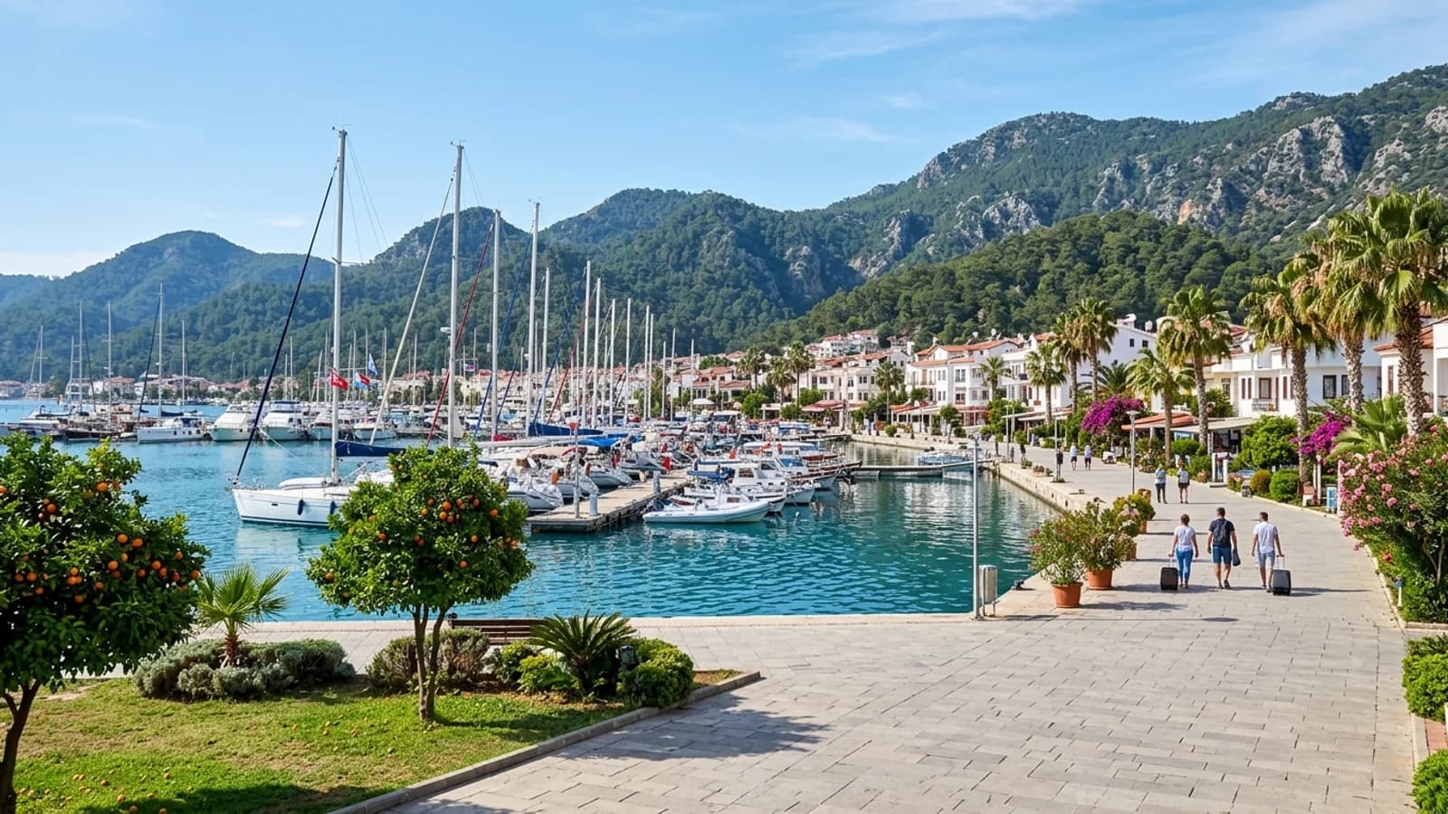 Privattransfer vom Flughafen Antalya nach Finike Angedockte Segelyachten im Yachthafen von Finike, gesäumt von Orangenbäumen vor waldreichen Bergen.