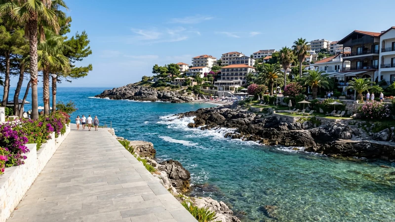 Clear water breaks white over the dark rocky cape of Karaburun, with hotels on the slope.
