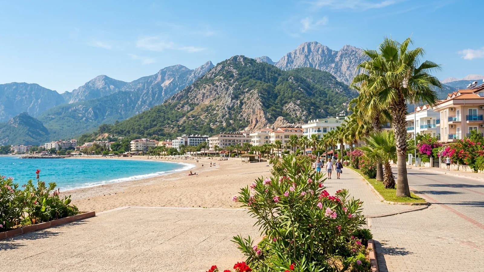 Plage de sable et promenade à Kestel Plage de sable à Kestel avec promenade, palmiers, hôtels, appartements et les montagnes du Taurus en arrière-plan.