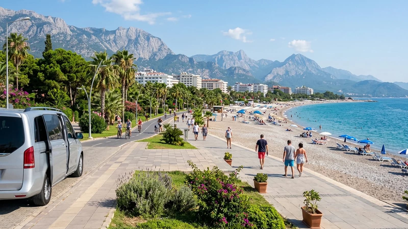 Kiezelstrand van Konyaaltı in Antalya Het bochtige kiezelstrand van Konyaaltı met een palmenpark en de steile Beydağları-bergen op de achtergrond.