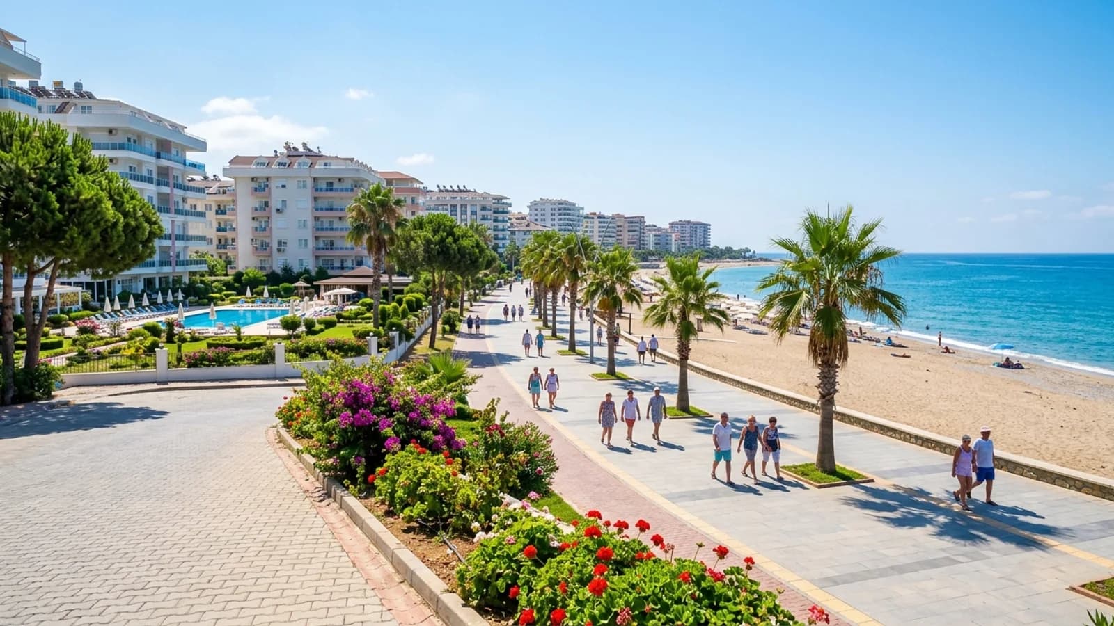 Ferienort Mahmutlar an der Türkischen Riviera Die Strandpromenade von Mahmutlar mit modernen Wohnanlagen, Palmen und einem breiten Sandstrand.