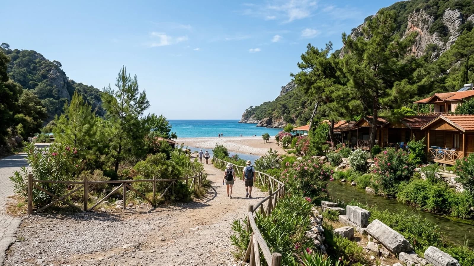 Houten bungalows nabij het strand van Olympos Een bosrijke riviervallei met oude steenblokken en eenvoudige houten bungalows opent naar het kiezelstrand van Olympos.