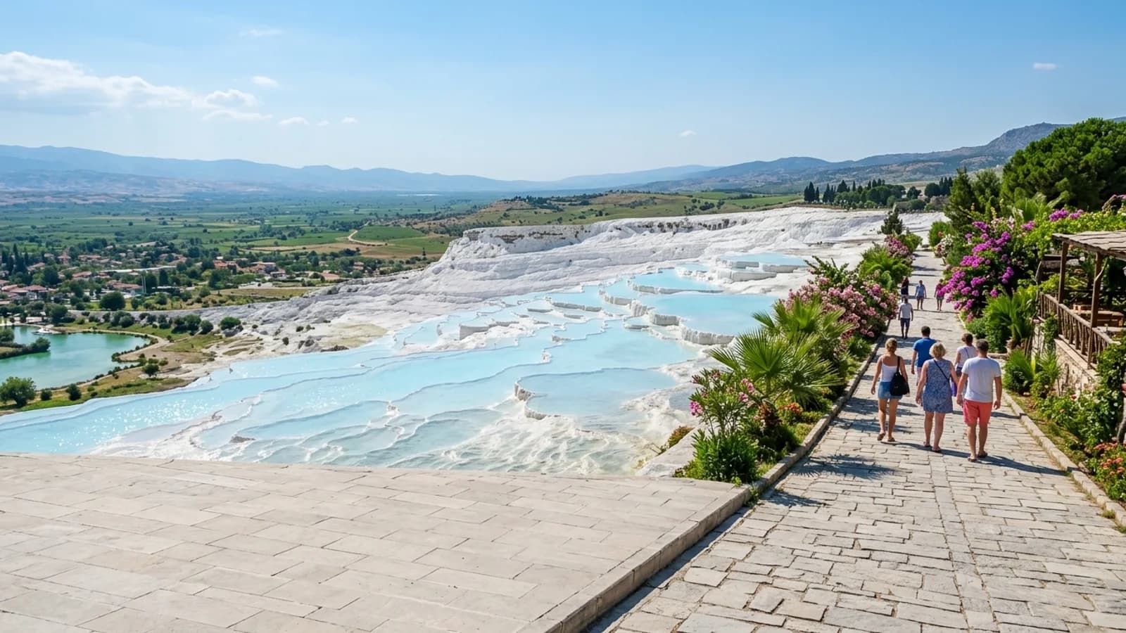 De travertijnterrassen van Pamukkale Witte travertijnterrassen van Pamukkale gevuld met lichtblauw thermaal water en groen landschap eronder.