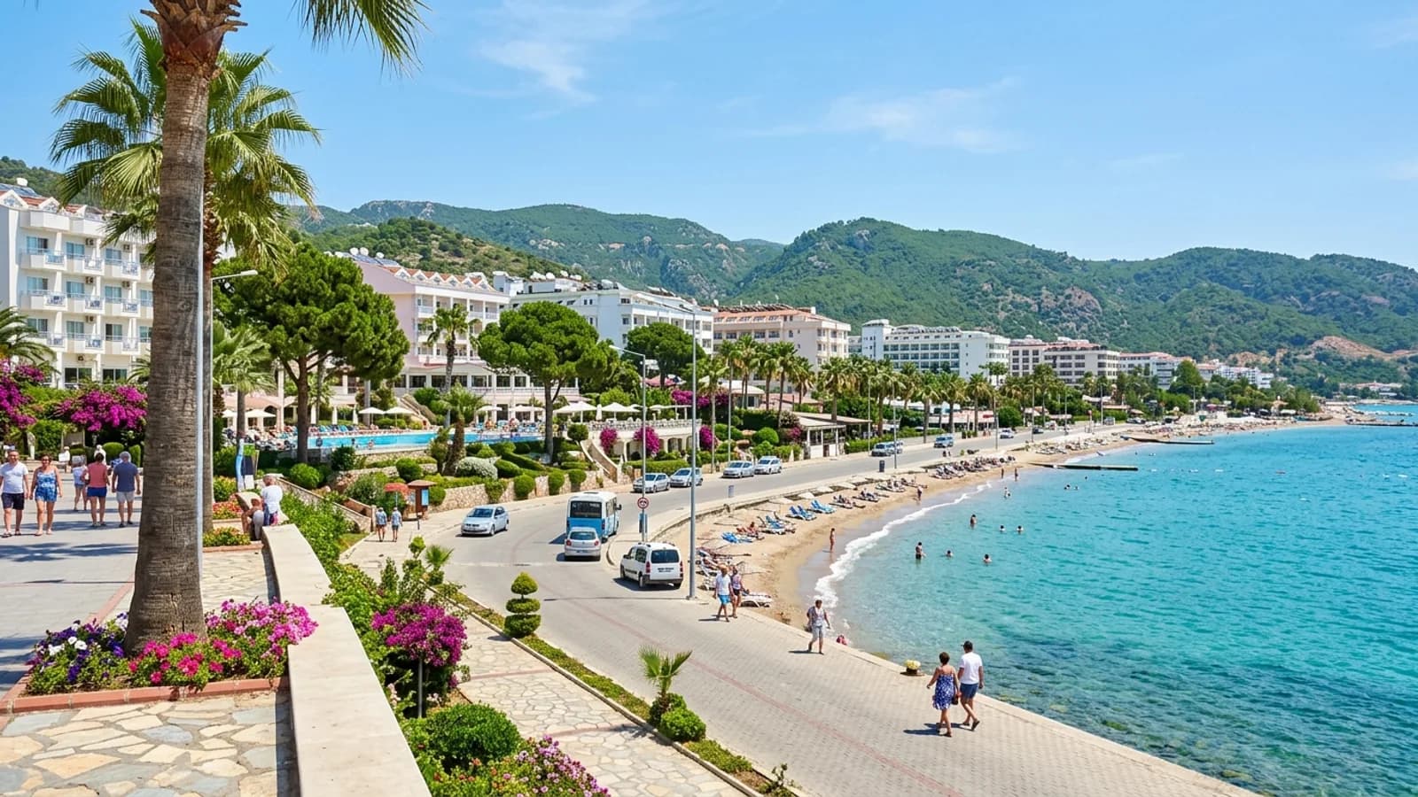 Die Küste von Türkler mit Ferienhotels Ferienhotels an der Küste von Türkler zwischen der Küstenstraße und einem schmalen Sandstrand vor grünen Hügeln.
