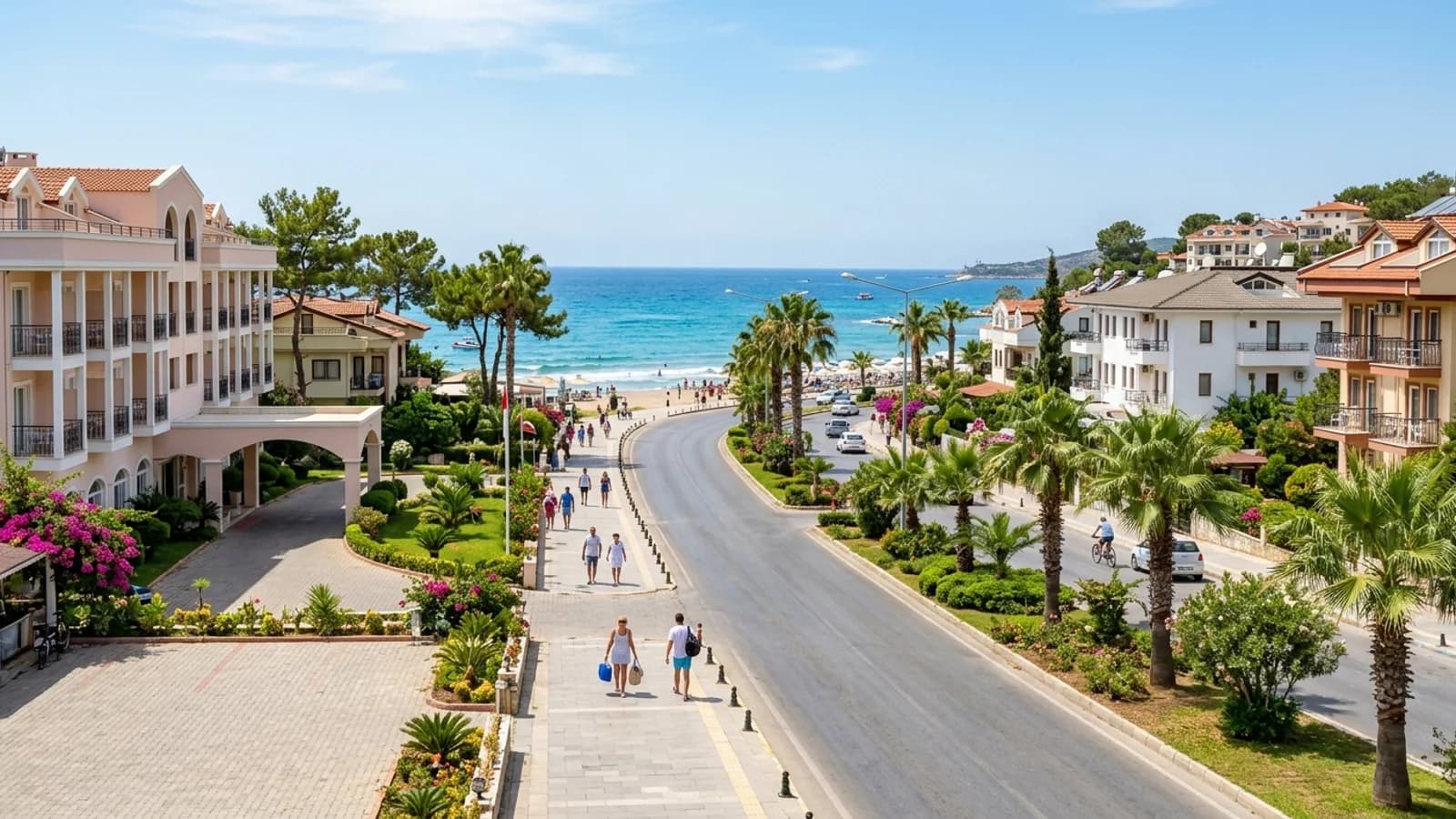 Vakantieoord Kızılot met zandstrand Een zonnig vakantiedorp in Kızılot met strandhotels langs een met palmen omzoomde weg en zandstrand.