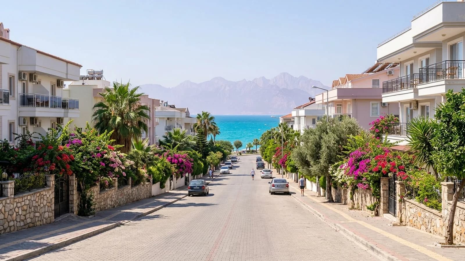 Quiet street in Antalya near Aksu A quiet tree-lined avenue in eastern Antalya with modern hotels and distant Taurus mountains.