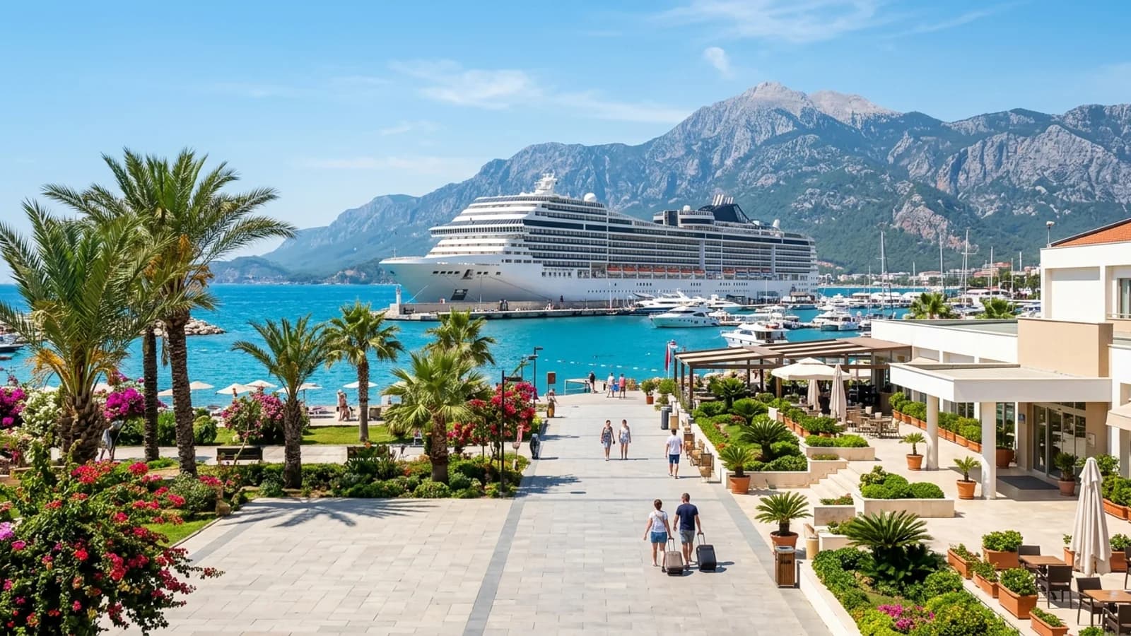 Port of Antalya cruise terminal A large white cruise ship moored at the sunny Antalya port terminal with the Taurus mountains behind.